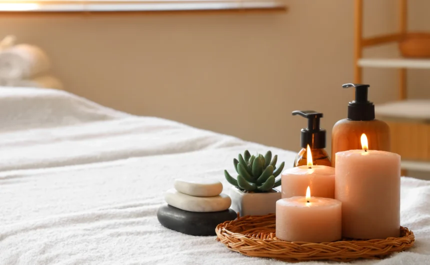 Calming spa treatment room with massage table, candles, stacked stones, succulent, and amber lotion bottles.