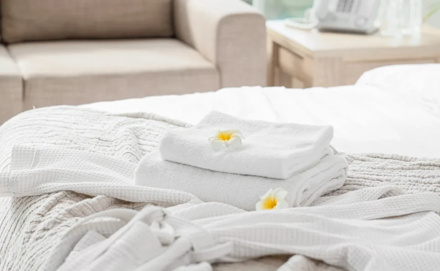 Bright spa treatment bed with folded white towels, robes, and flowers arranged for a relaxing wellness visit.